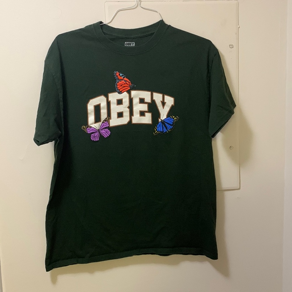 Men’s OBEY Logo Script Shirt Green Large